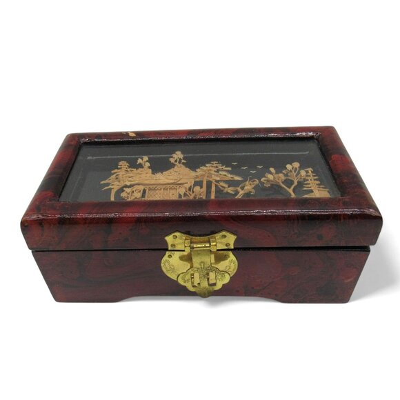 Vintage Oriental Lacquered Wooden JEWELRY BOX 3D Cork Pagoda with Birds - Picture 2 of 13